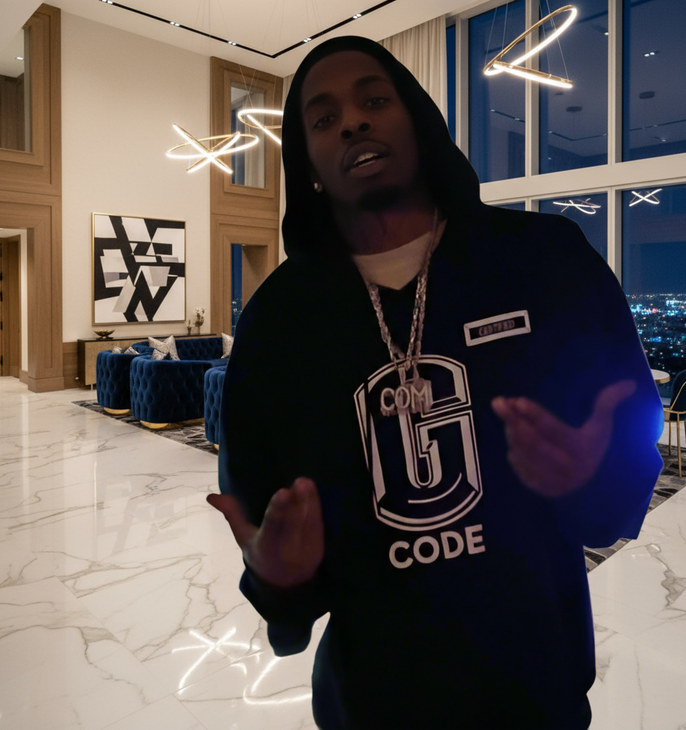 CMALE > 'G' THANG HOODIE: MEN'S FASHION SLIM FIT PULLOVER SWEATSHIRT w/ HOOD & DRAWSTRINGS; LONG SLEEVE; ORIGINAL DESIGN; VINYL/ DTFILM PRINT.