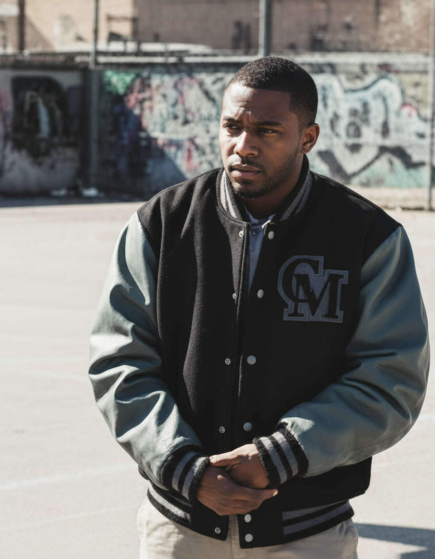 CMALE > TEAM CERTIFIED VARSITY JACKET: OFFICIAL MEN/ BOYS GENUINE LEATHER/ WOOL VARSITY JACKET; ORIGINAL DESIGN; APPLIQUE/EMBROIDERY PRINTS.