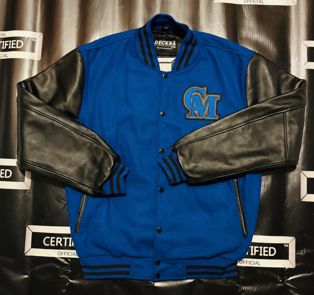 CMALE > TEAM CERTIFIED VARSITY JACKET: OFFICIAL MEN/ BOYS GENUINE LEATHER/ WOOL VARSITY JACKET; ORIGINAL DESIGN; APPLIQUE/EMBROIDERY PRINTS.