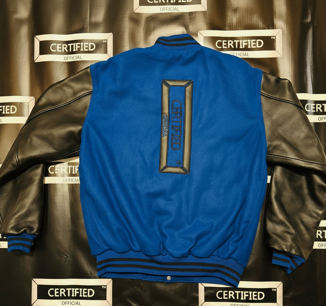 CMALE > TEAM CERTIFIED VARSITY JACKET: OFFICIAL MEN/ BOYS GENUINE LEATHER/ WOOL VARSITY JACKET; ORIGINAL DESIGN; APPLIQUE/EMBROIDERY PRINTS.