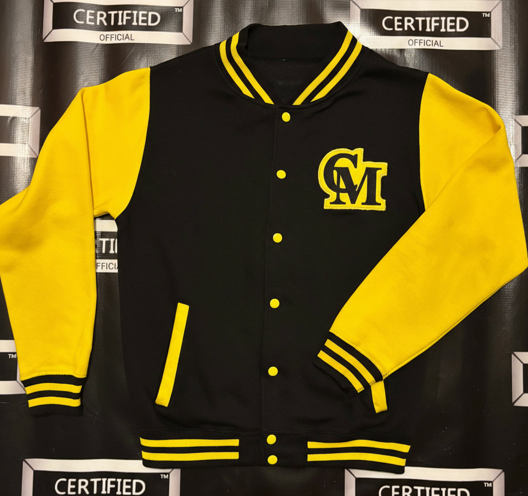 CMALE > TEAM CERTIFIED: MEN & BOYS OFFICIAL FASHION VARSITY JACKET; SLIM FIT; 100% FLEECE; ORIGINAL DESIGN; LETTERMAN; FRONT & BACK APPLIQUE/ EMBROIDERY PRINT.
