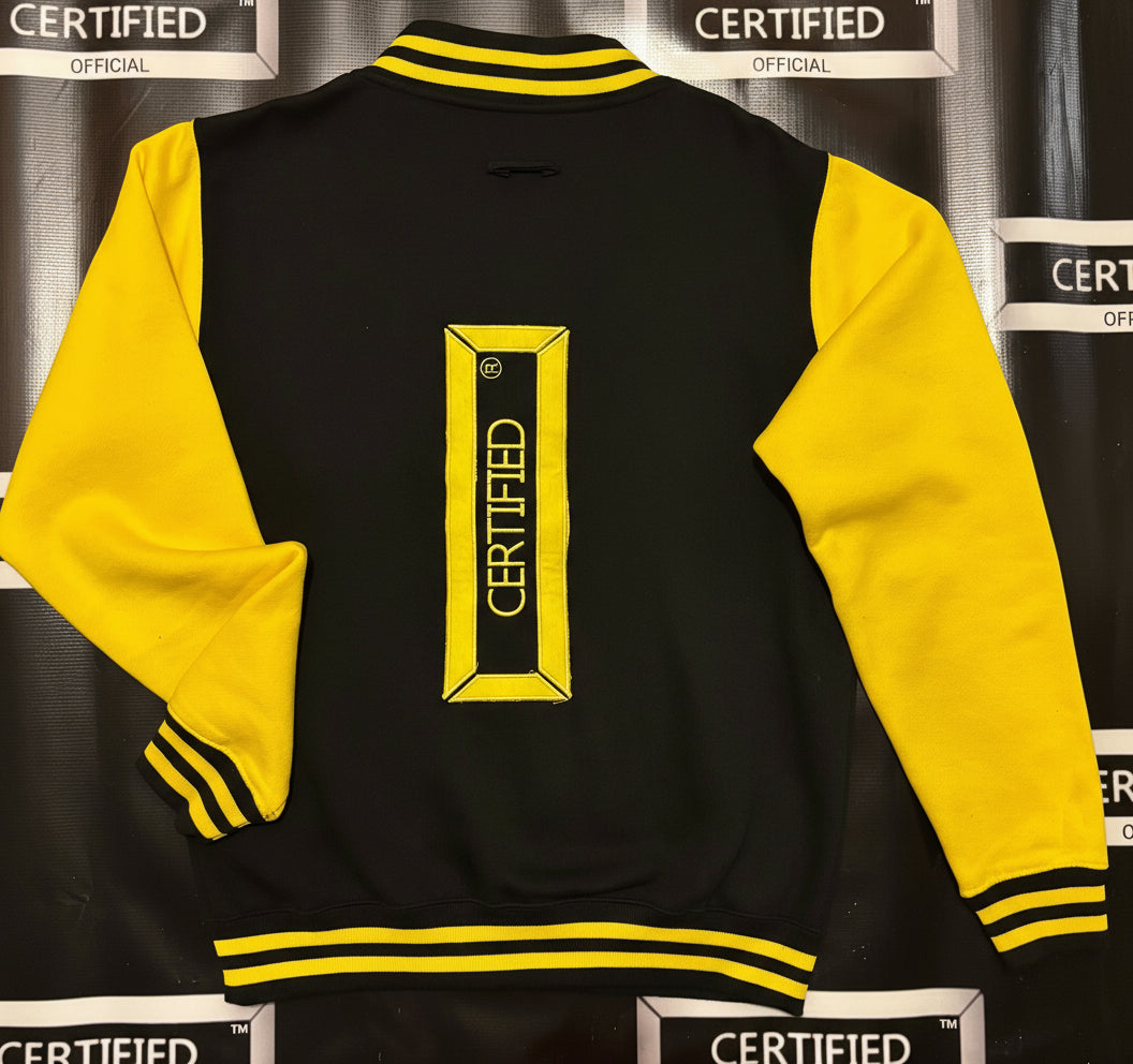 CMALE > TEAM CERTIFIED: MEN & BOYS OFFICIAL FASHION VARSITY JACKET; SLIM FIT; 100% FLEECE; ORIGINAL DESIGN; LETTERMAN; FRONT & BACK APPLIQUE/ EMBROIDERY PRINT.