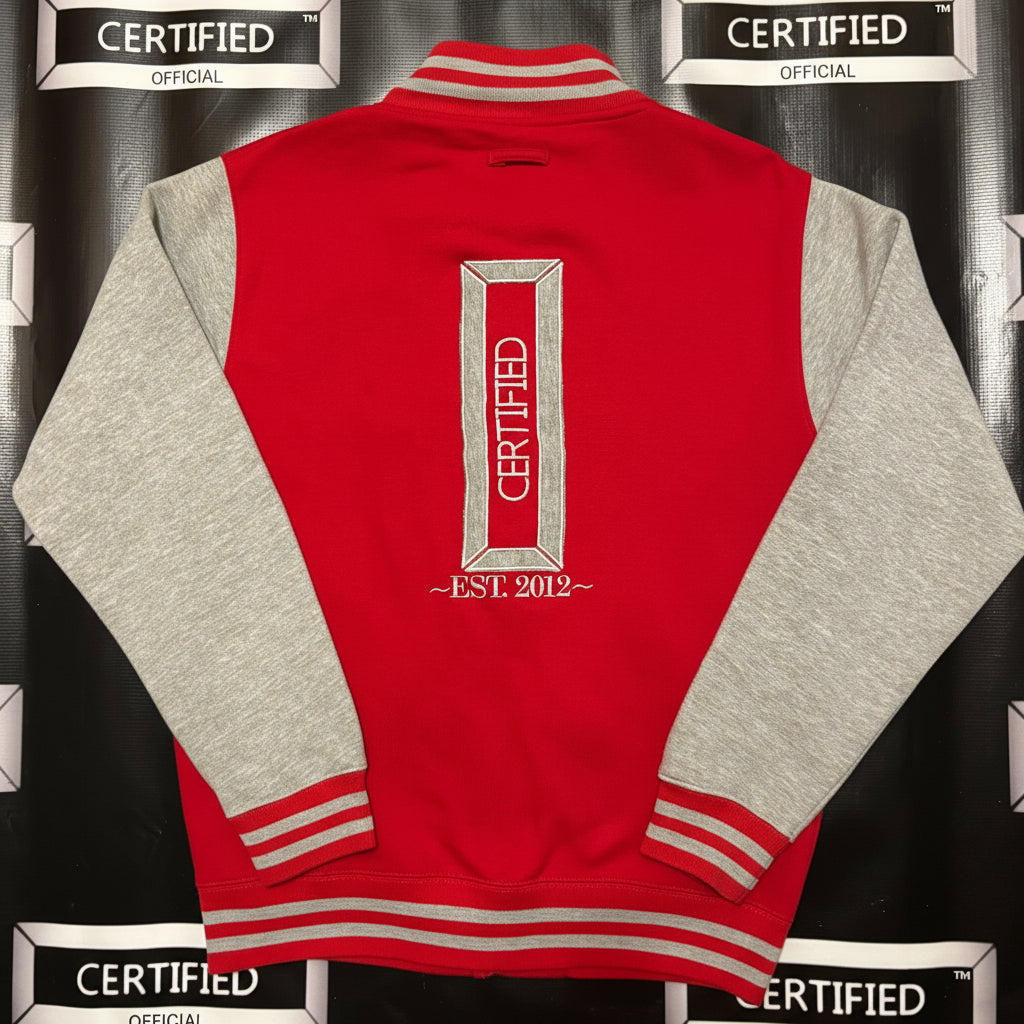 CMALE > TEAM CERTIFIED: MEN & BOYS OFFICIAL FASHION VARSITY JACKET; SLIM FIT; 100% FLEECE; ORIGINAL DESIGN; LETTERMAN; FRONT & BACK APPLIQUE/ EMBROIDERY PRINT.