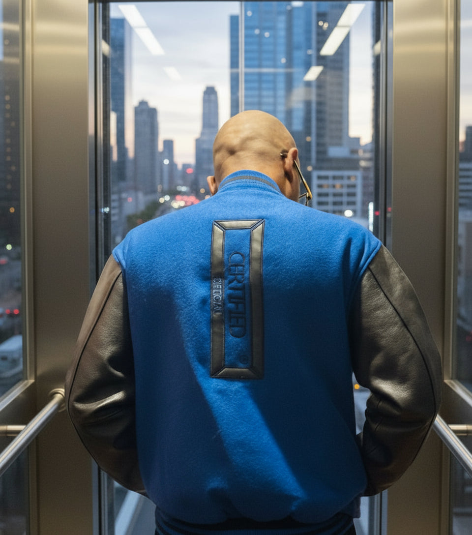 CMALE > TEAM CERTIFIED VARSITY JACKET: OFFICIAL MEN/ BOYS GENUINE LEATHER/ WOOL VARSITY JACKET; ORIGINAL DESIGN; APPLIQUE/EMBROIDERY PRINTS.