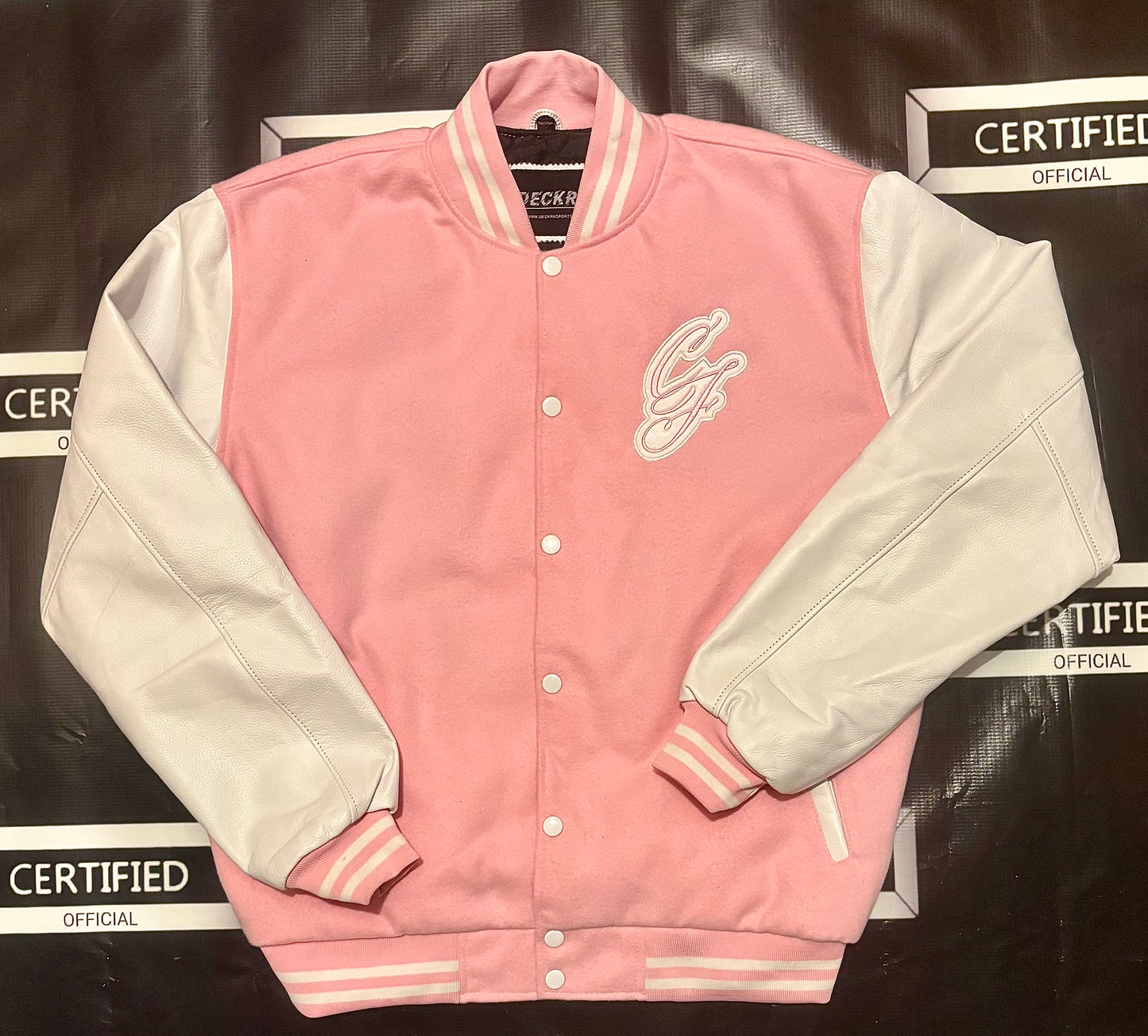 CFEMALE > TEAM CERTIFIED VARSITY JACKET: WOMEN/ GIRLS FASHION GENUINE LEATHER/ WOOL VARSITY JACKET; ORIGINAL DESIGN; APPLIQUE/ EMBROIDERY PRINT.