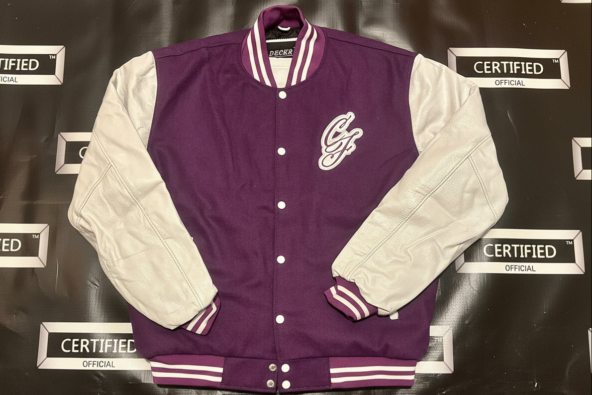 CFEMALE > TEAM CERTIFIED VARSITY JACKET: WOMEN/ GIRLS FASHION GENUINE LEATHER/ WOOL VARSITY JACKET; ORIGINAL DESIGN; APPLIQUE/ EMBROIDERY PRINT.