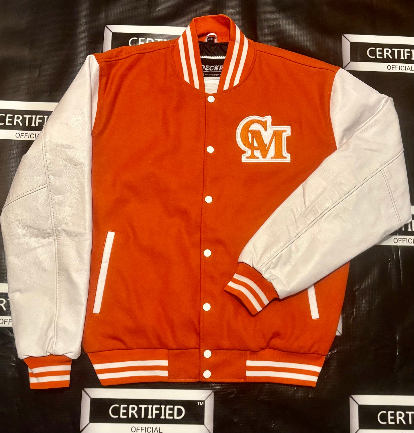 CMALE > TEAM CERTIFIED VARSITY JACKET: OFFICIAL MEN/ BOYS GENUINE LEATHER/ WOOL VARSITY JACKET; ORIGINAL DESIGN; APPLIQUE/EMBROIDERY PRINTS.