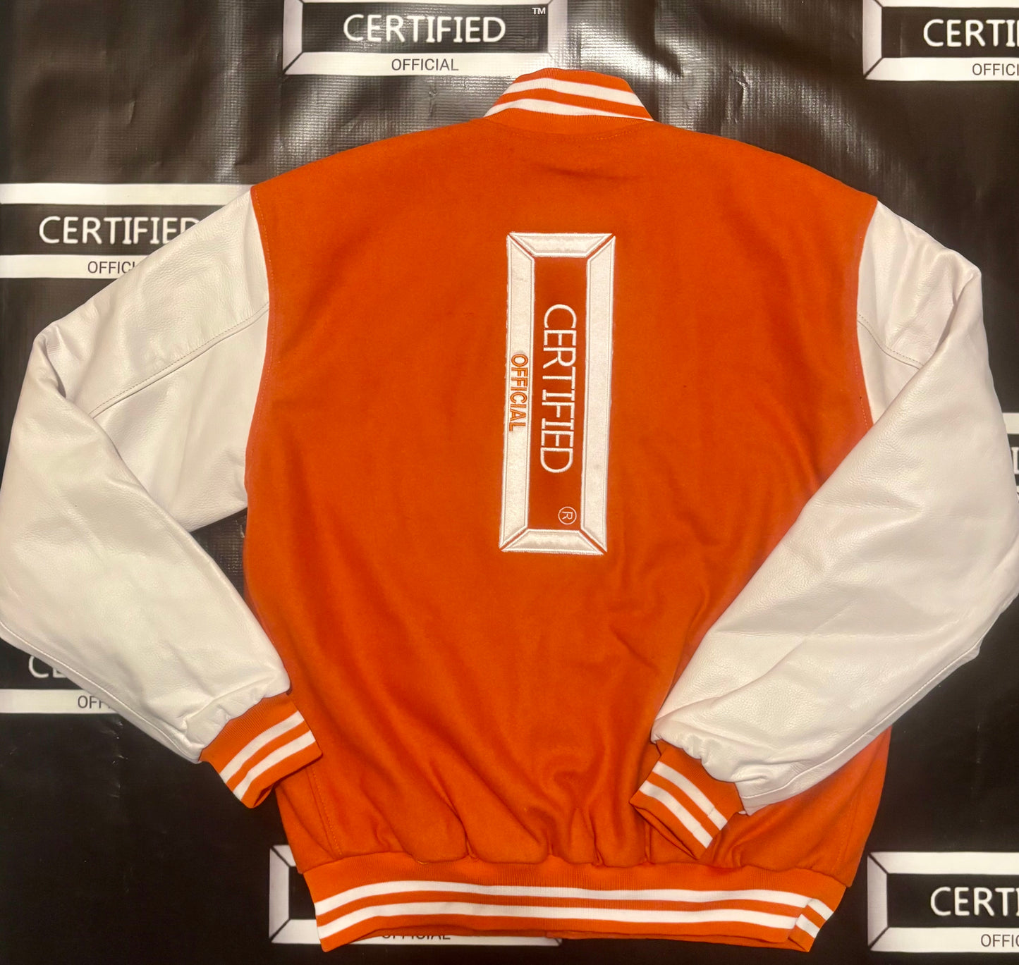 CMALE > TEAM CERTIFIED VARSITY JACKET: OFFICIAL MEN/ BOYS GENUINE LEATHER/ WOOL VARSITY JACKET; ORIGINAL DESIGN; APPLIQUE/EMBROIDERY PRINTS.