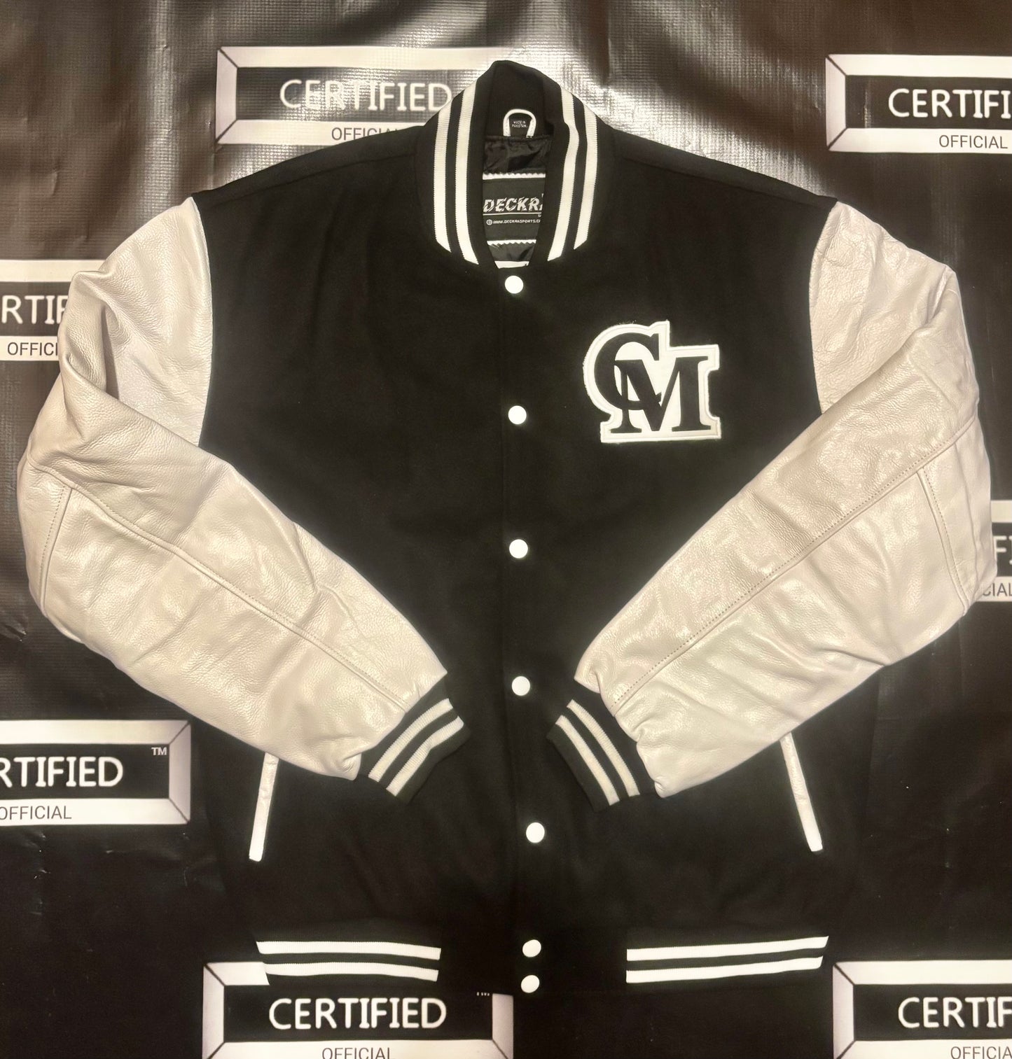 CMALE > TEAM CERTIFIED VARSITY JACKET: OFFICIAL MEN/ BOYS GENUINE LEATHER/ WOOL VARSITY JACKET; ORIGINAL DESIGN; APPLIQUE/EMBROIDERY PRINTS.