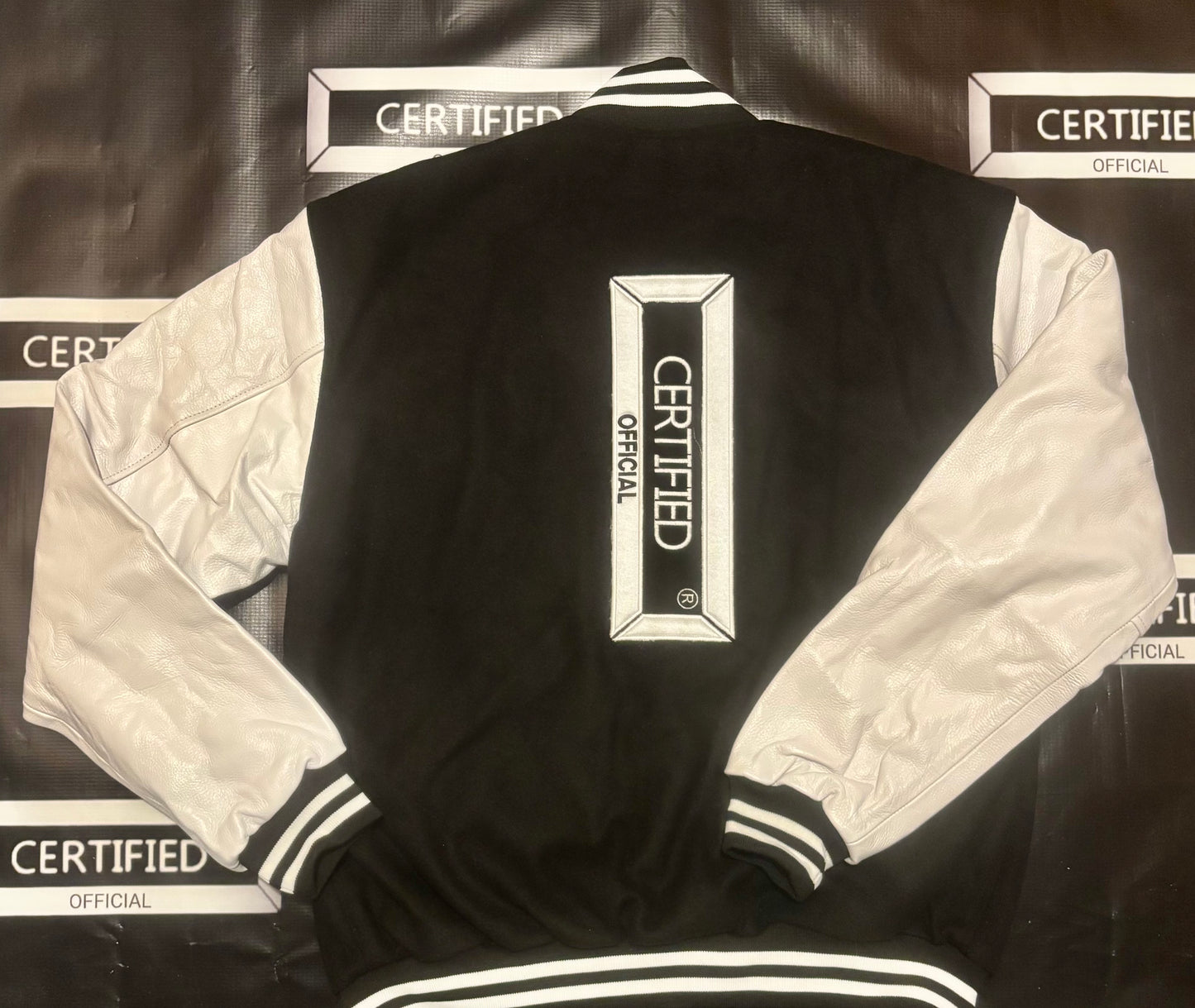 CMALE > TEAM CERTIFIED VARSITY JACKET: OFFICIAL MEN/ BOYS GENUINE LEATHER/ WOOL VARSITY JACKET; ORIGINAL DESIGN; APPLIQUE/EMBROIDERY PRINTS.