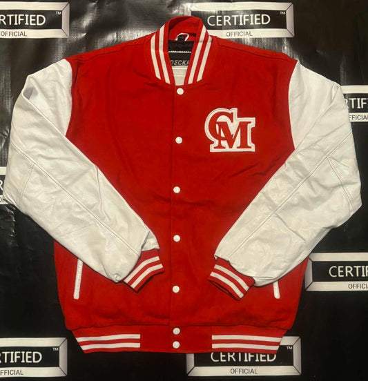 CMALE > TEAM CERTIFIED VARSITY JACKET: OFFICIAL MEN/ BOYS GENUINE LEATHER/ WOOL VARSITY JACKET; ORIGINAL DESIGN; APPLIQUE/EMBROIDERY PRINTS.