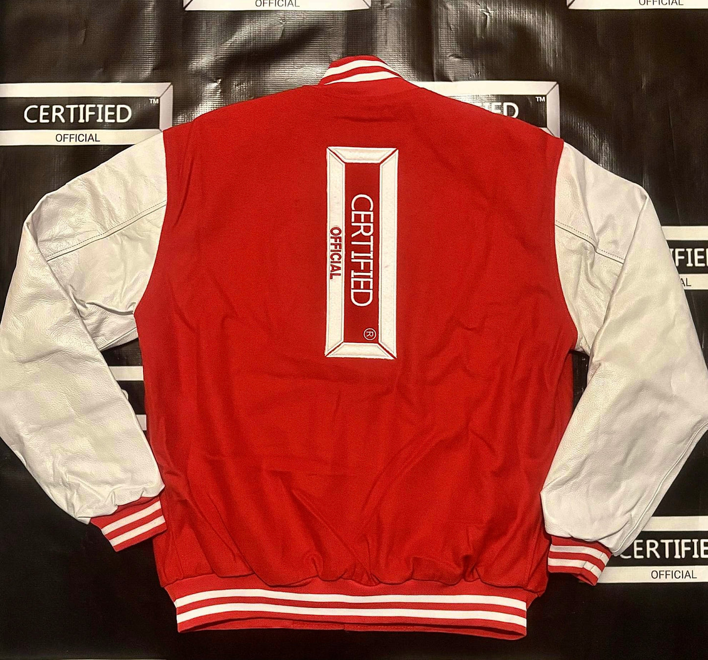 CMALE > TEAM CERTIFIED VARSITY JACKET: OFFICIAL MEN/ BOYS GENUINE LEATHER/ WOOL VARSITY JACKET; ORIGINAL DESIGN; APPLIQUE/EMBROIDERY PRINTS.