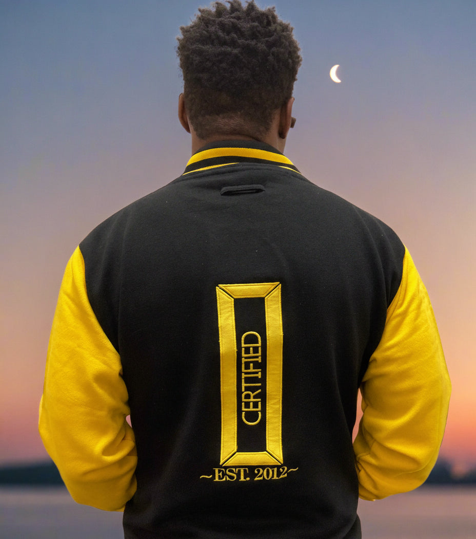 CMALE > TEAM CERTIFIED: MEN & BOYS OFFICIAL FASHION VARSITY JACKET; SLIM FIT; 100% FLEECE; ORIGINAL DESIGN; LETTERMAN; FRONT & BACK APPLIQUE/ EMBROIDERY PRINT.