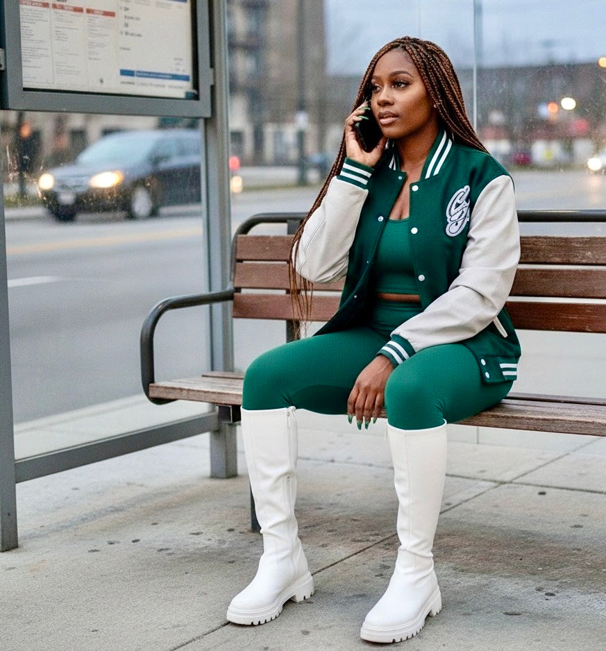 CFEMALE > TEAM CERTIFIED VARSITY JACKET: WOMEN/ GIRLS FASHION GENUINE LEATHER/ WOOL VARSITY JACKET; ORIGINAL DESIGN; APPLIQUE/ EMBROIDERY PRINT.