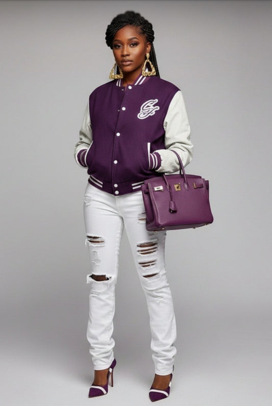 CFEMALE > TEAM CERTIFIED VARSITY JACKET: WOMEN/ GIRLS FASHION GENUINE LEATHER/ WOOL VARSITY JACKET; ORIGINAL DESIGN; APPLIQUE/ EMBROIDERY PRINT.