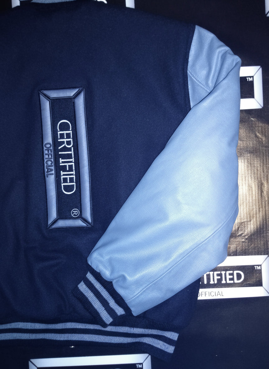 CMALE > TEAM CERTIFIED VARSITY JACKET: OFFICIAL MEN/ BOYS GENUINE LEATHER/ WOOL VARSITY JACKET; ORIGINAL DESIGN; APPLIQUE/EMBROIDERY PRINTS.