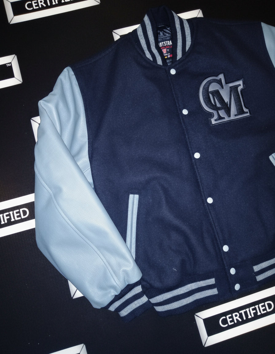 CMALE > TEAM CERTIFIED VARSITY JACKET: OFFICIAL MEN/ BOYS GENUINE LEATHER/ WOOL VARSITY JACKET; ORIGINAL DESIGN; APPLIQUE/EMBROIDERY PRINTS.