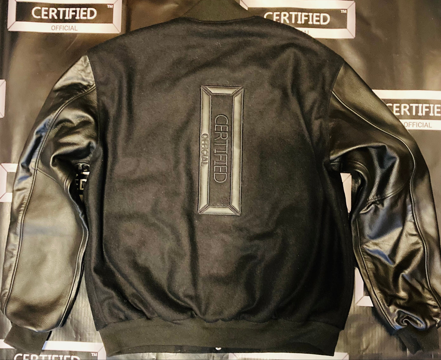 CMALE > TEAM CERTIFIED VARSITY JACKET: OFFICIAL MEN/ BOYS GENUINE LEATHER/ WOOL VARSITY JACKET; ORIGINAL DESIGN; APPLIQUE/EMBROIDERY PRINTS.