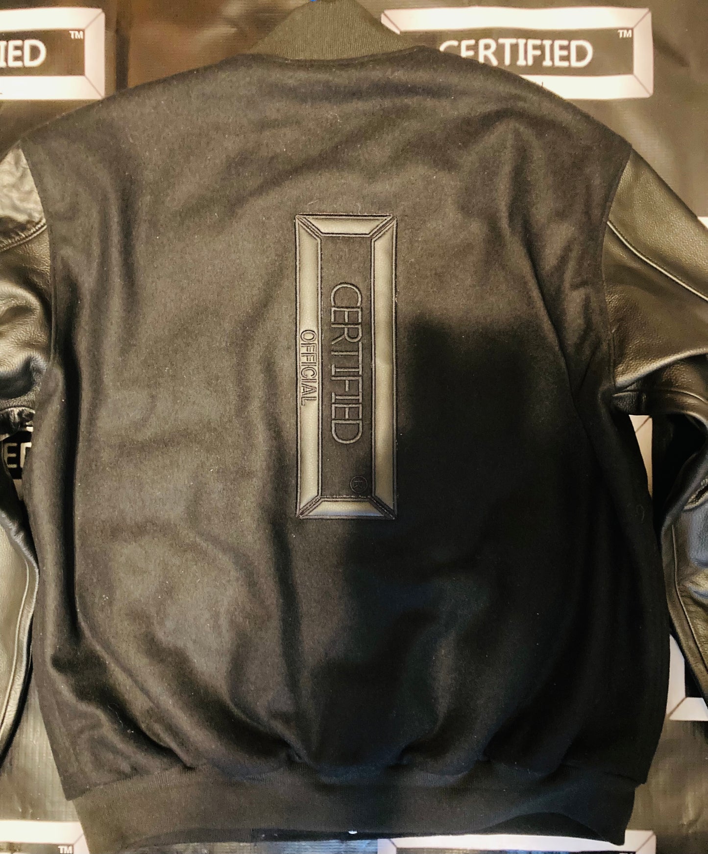 CMALE > TEAM CERTIFIED VARSITY JACKET: OFFICIAL MEN/ BOYS GENUINE LEATHER/ WOOL VARSITY JACKET; ORIGINAL DESIGN; APPLIQUE/EMBROIDERY PRINTS.