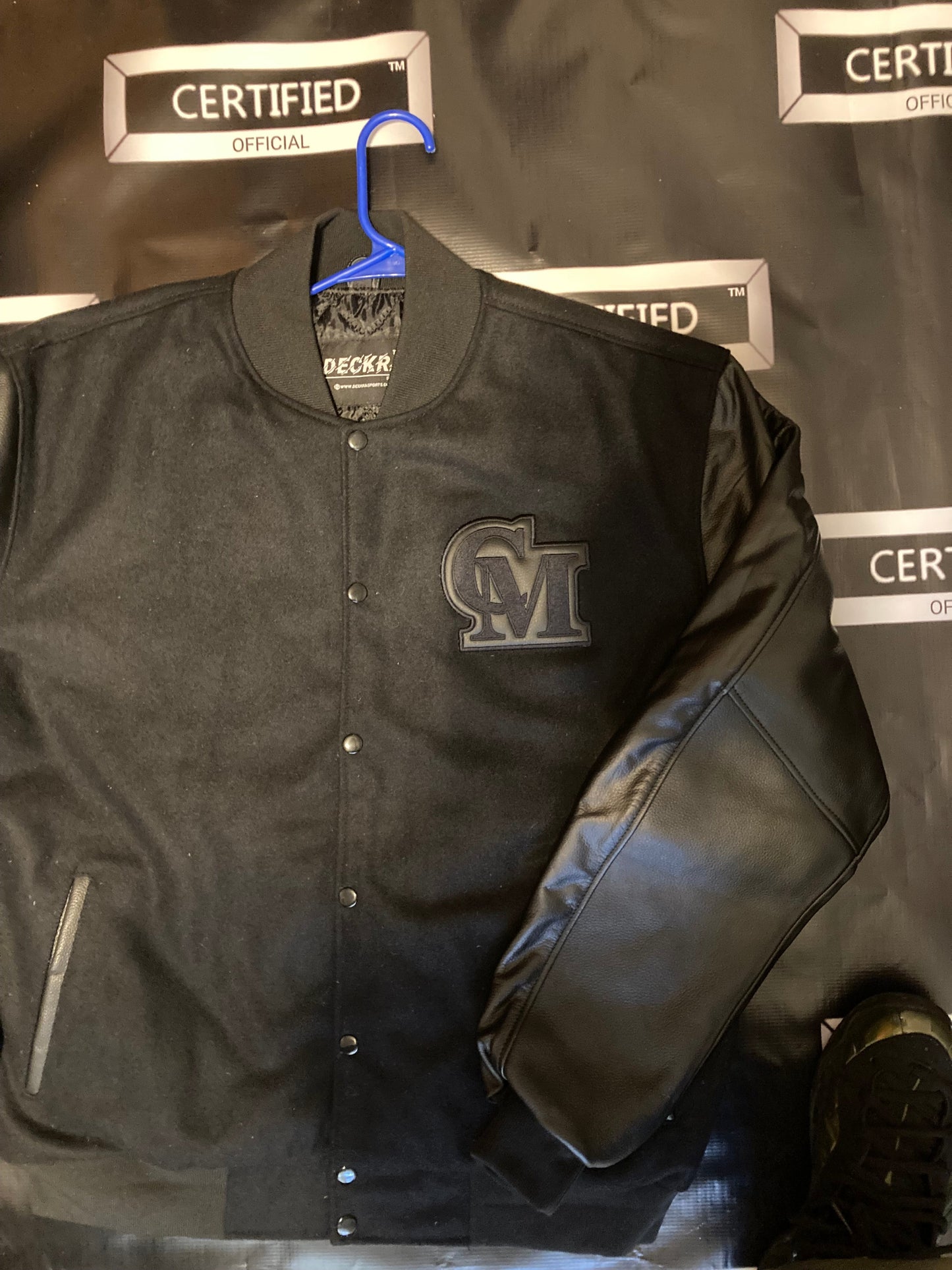 CMALE > TEAM CERTIFIED VARSITY JACKET: OFFICIAL MEN/ BOYS GENUINE LEATHER/ WOOL VARSITY JACKET; ORIGINAL DESIGN; APPLIQUE/EMBROIDERY PRINTS.