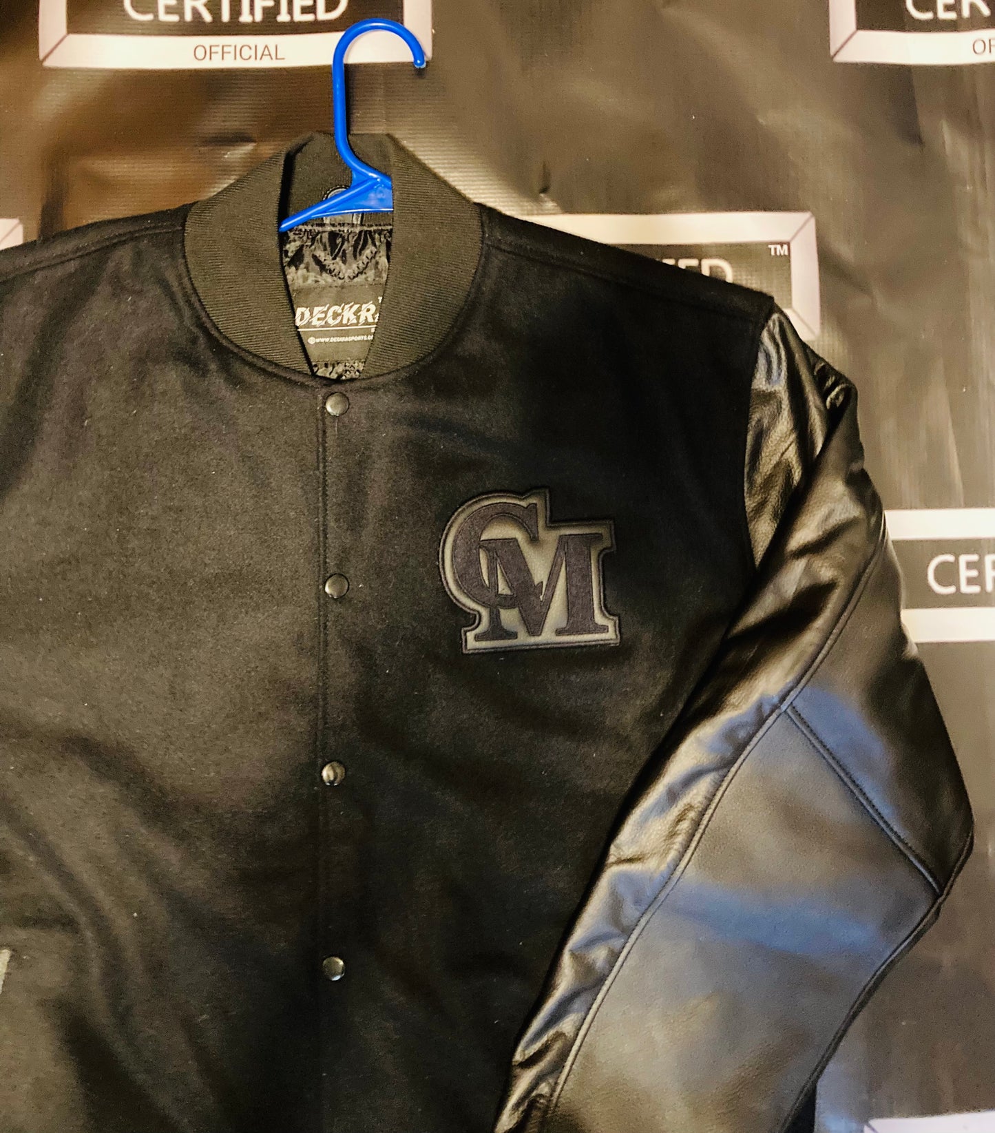 CMALE > TEAM CERTIFIED VARSITY JACKET: OFFICIAL MEN/ BOYS GENUINE LEATHER/ WOOL VARSITY JACKET; ORIGINAL DESIGN; APPLIQUE/EMBROIDERY PRINTS.