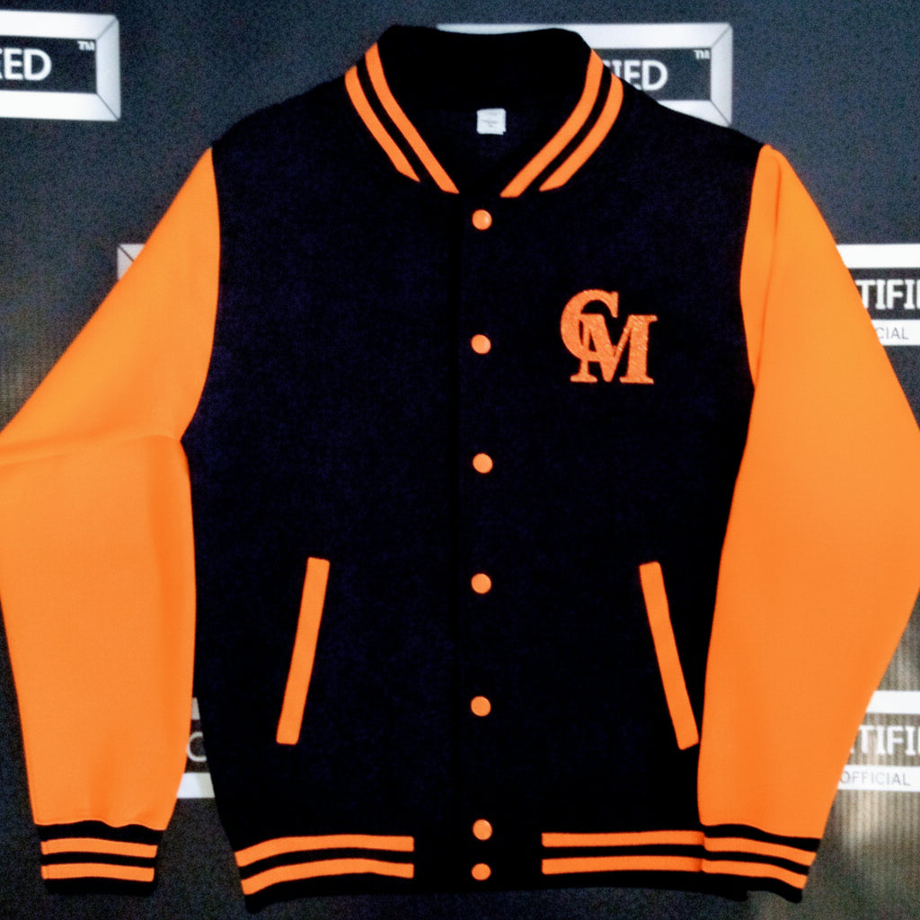 CMALE > TEAM CERTIFIED: MEN & BOYS OFFICIAL FASHION VARSITY JACKET; SLIM FIT; 100% FLEECE; ORIGINAL DESIGN; LETTERMAN; FRONT & BACK APPLIQUE/ EMBROIDERY PRINT.