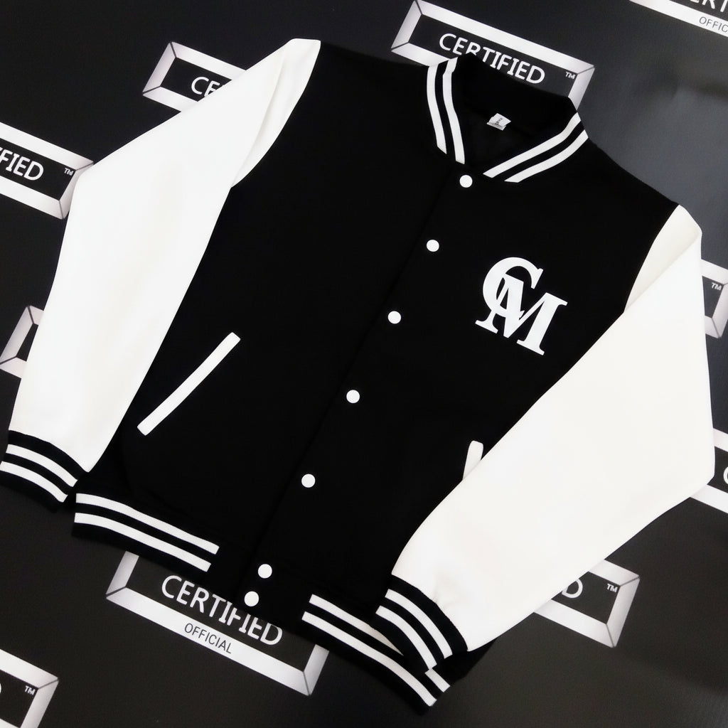 CMALE > TEAM CERTIFIED: MEN & BOYS OFFICIAL FASHION VARSITY JACKET; SLIM FIT; 100% FLEECE; ORIGINAL DESIGN; LETTERMAN; FRONT & BACK APPLIQUE/ EMBROIDERY PRINT.