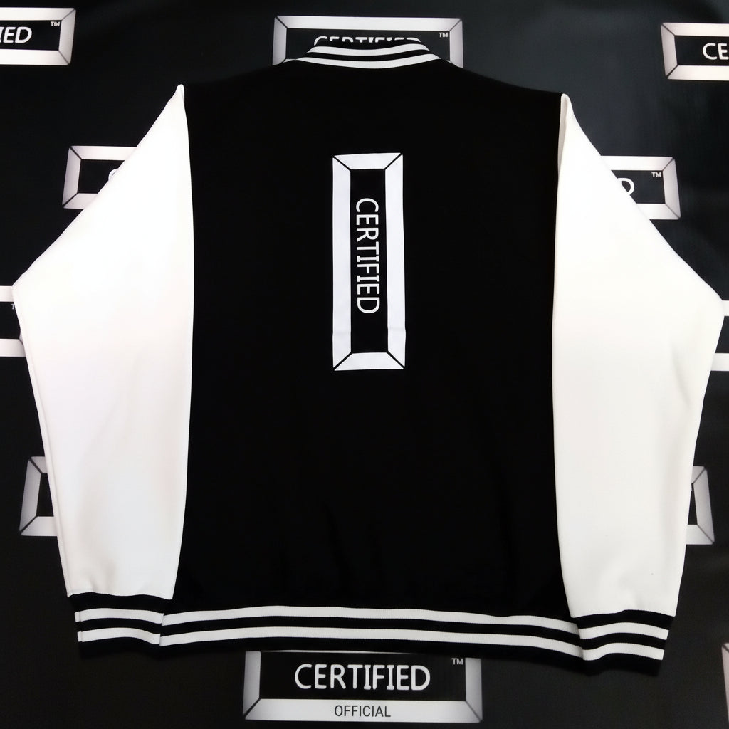 CMALE > TEAM CERTIFIED: MEN & BOYS OFFICIAL FASHION VARSITY JACKET; SLIM FIT; 100% FLEECE; ORIGINAL DESIGN; LETTERMAN; FRONT & BACK APPLIQUE/ EMBROIDERY PRINT.