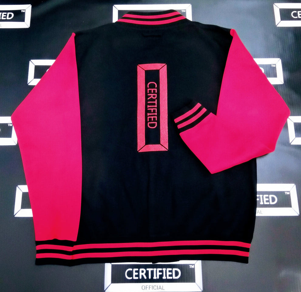 CMALE > TEAM CERTIFIED: MEN & BOYS OFFICIAL FASHION VARSITY JACKET; SLIM FIT; 100% FLEECE; ORIGINAL DESIGN; LETTERMAN; FRONT & BACK APPLIQUE/ EMBROIDERY PRINT.