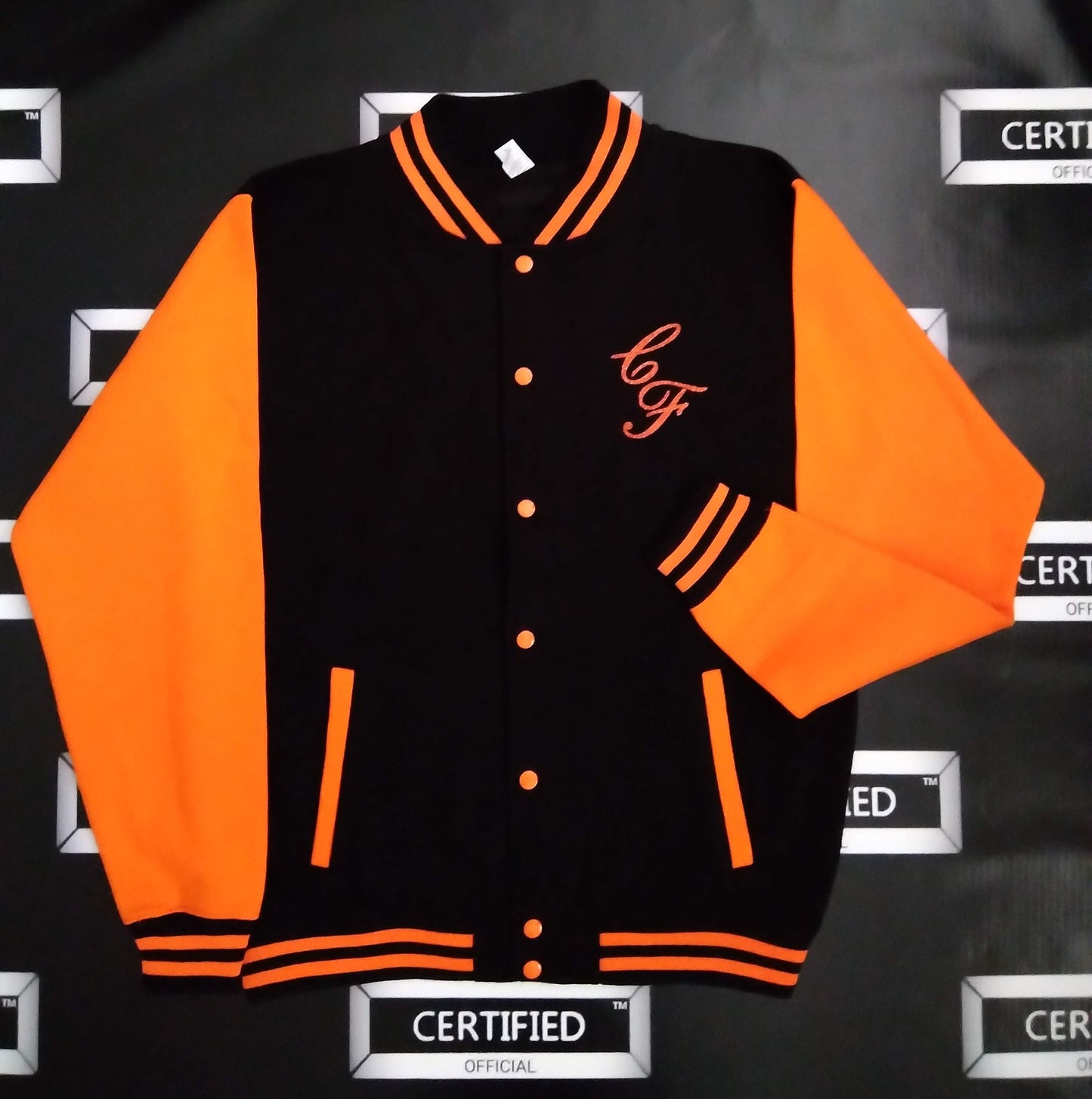 CERTIFIED OFFICIAL [FEMALE] TEAM LETTERMAN JACKET; 100% FLEECE. FRONT/BACK DESIGN.