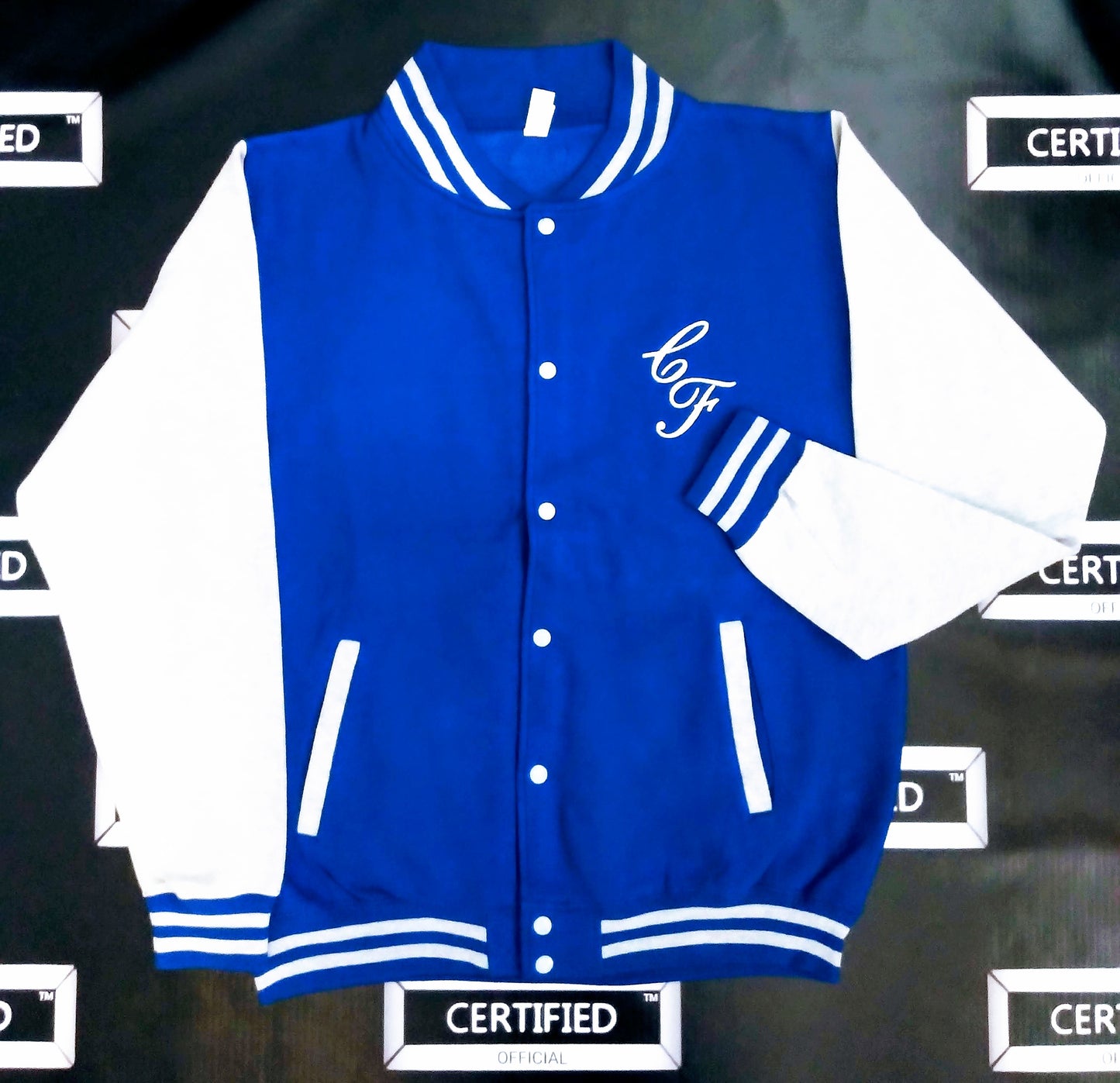 CERTIFIED OFFICIAL [FEMALE] TEAM LETTERMAN JACKET; 100% FLEECE. FRONT/BACK DESIGN.