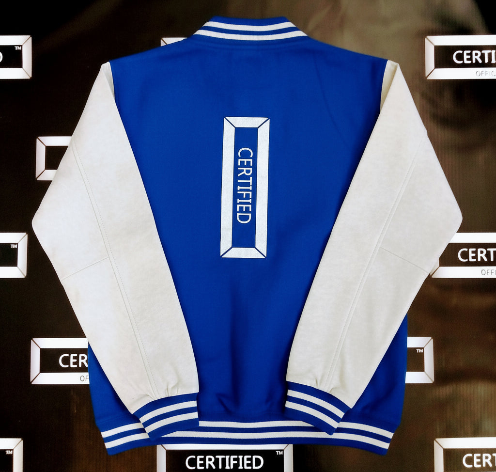CMALE > TEAM CERTIFIED: MEN & BOYS OFFICIAL FASHION VARSITY JACKET; SLIM FIT; 100% FLEECE; ORIGINAL DESIGN; LETTERMAN; FRONT & BACK APPLIQUE/ EMBROIDERY PRINT.