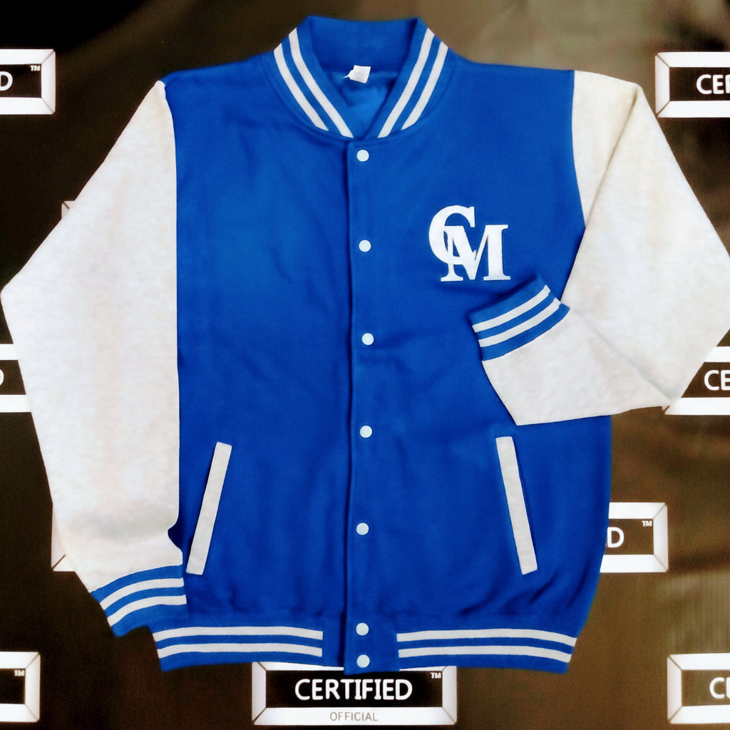 CMALE > TEAM CERTIFIED: MEN & BOYS OFFICIAL FASHION VARSITY JACKET; SLIM FIT; 100% FLEECE; ORIGINAL DESIGN; LETTERMAN; FRONT & BACK APPLIQUE/ EMBROIDERY PRINT.