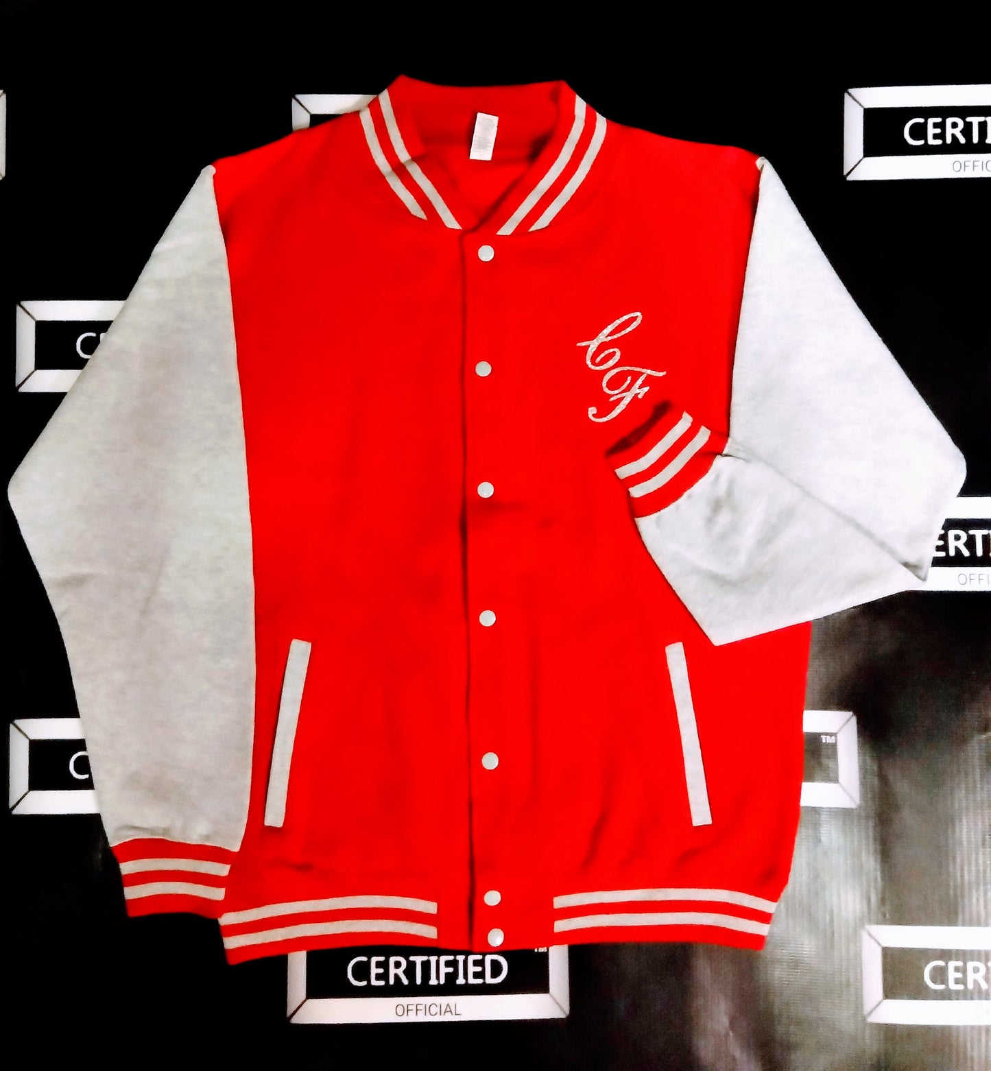CERTIFIED OFFICIAL [FEMALE] TEAM LETTERMAN JACKET; 100% FLEECE. FRONT/BACK DESIGN.