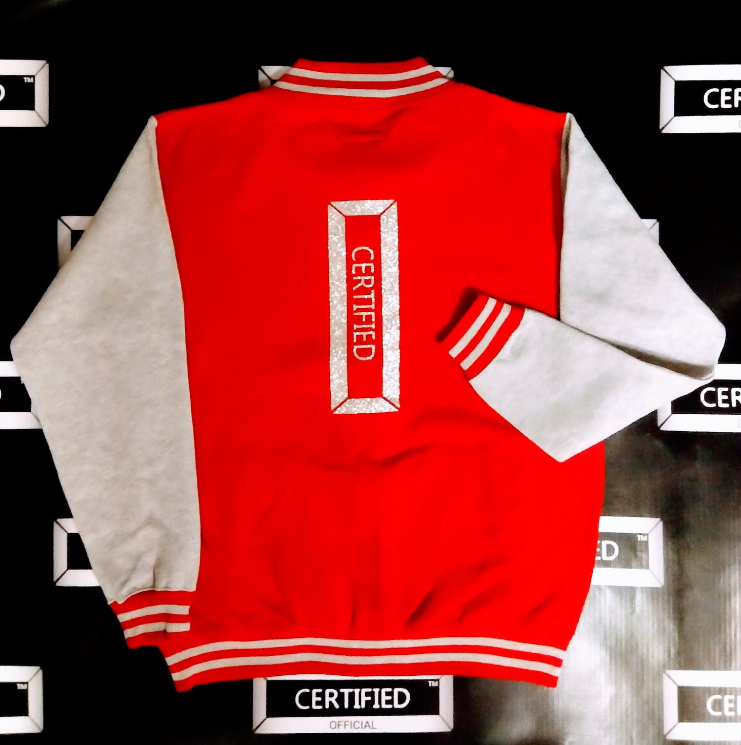 CERTIFIED OFFICIAL [FEMALE] TEAM LETTERMAN JACKET; 100% FLEECE. FRONT/BACK DESIGN.