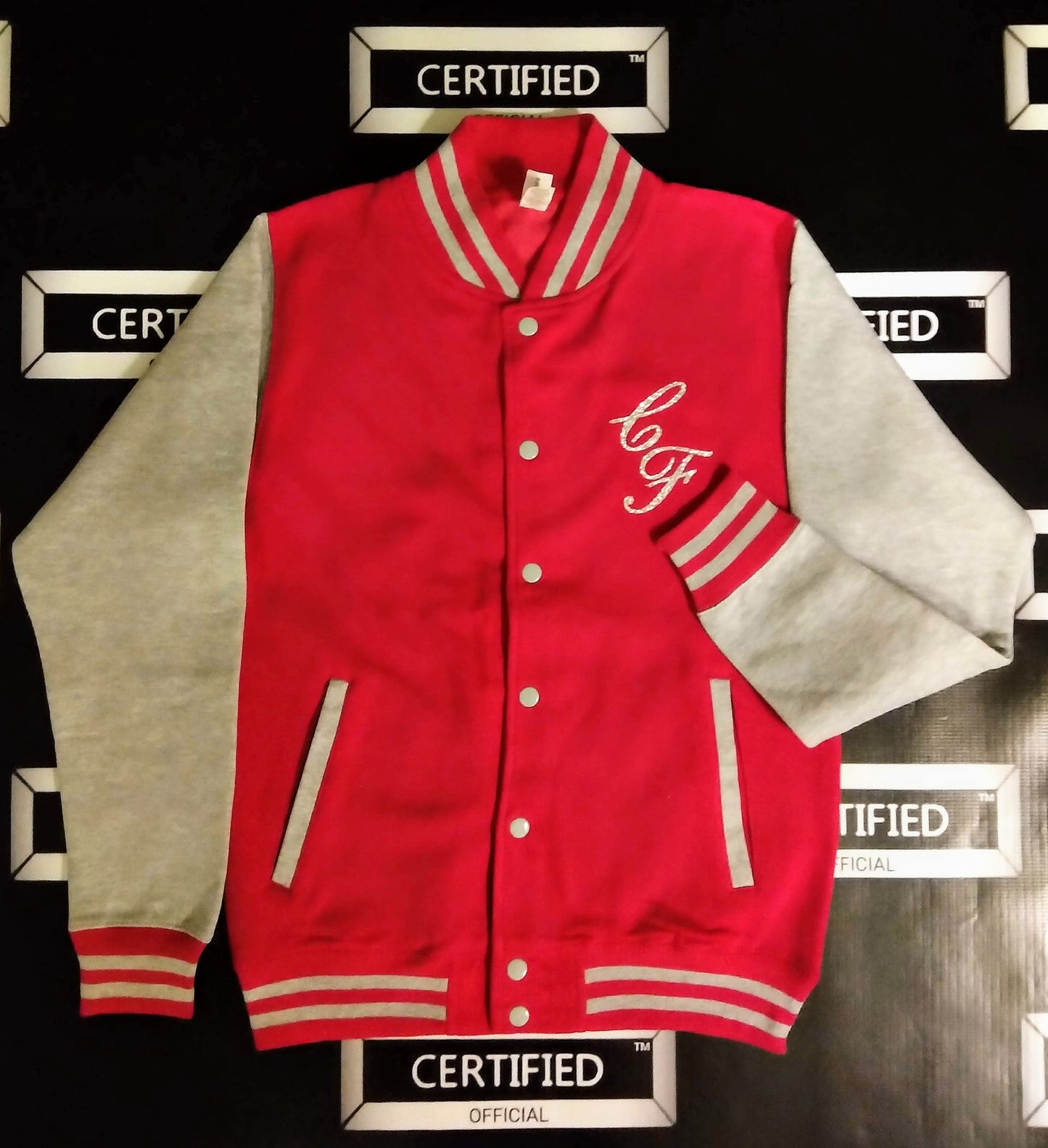 CERTIFIED OFFICIAL [FEMALE] TEAM LETTERMAN JACKET; 100% FLEECE. FRONT/BACK DESIGN.