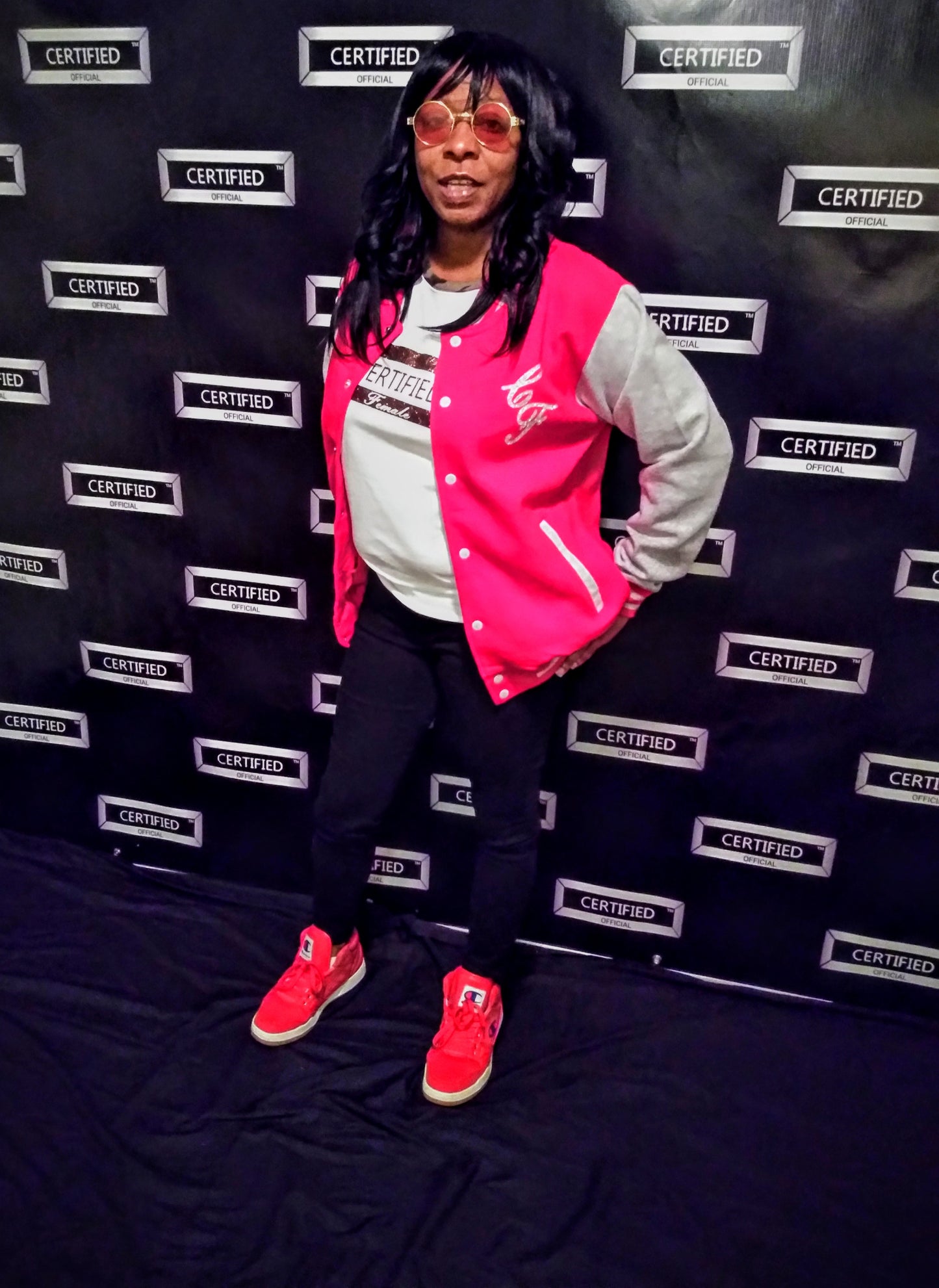 CERTIFIED OFFICIAL [FEMALE] TEAM LETTERMAN JACKET; 100% FLEECE. FRONT/BACK DESIGN.