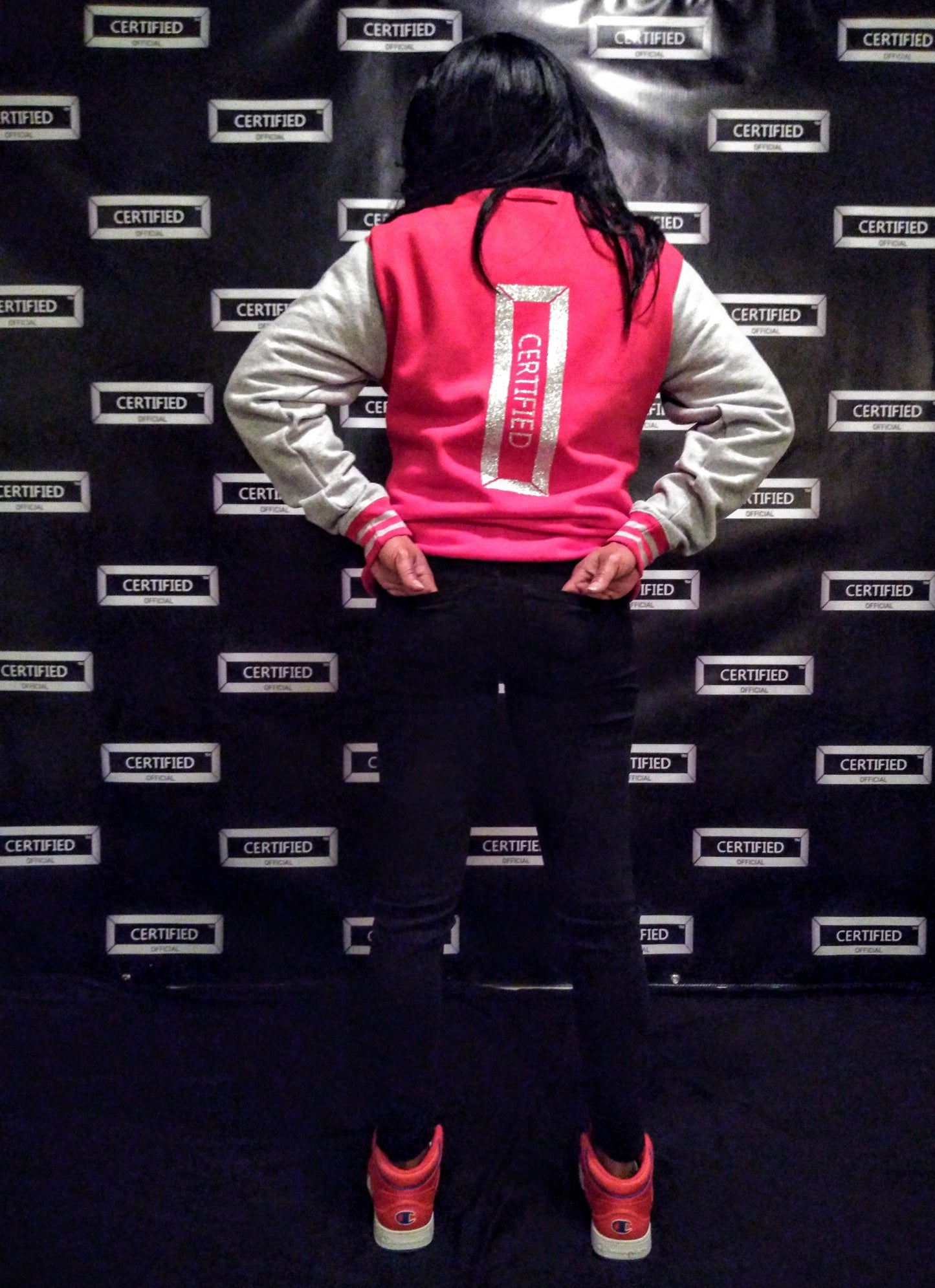 CERTIFIED OFFICIAL [FEMALE] TEAM LETTERMAN JACKET; 100% FLEECE. FRONT/BACK DESIGN.