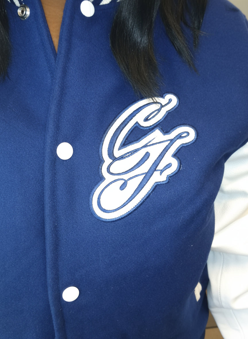 CFEMALE > TEAM CERTIFIED VARSITY JACKET: WOMEN/ GIRLS FASHION GENUINE LEATHER/ WOOL VARSITY JACKET; ORIGINAL DESIGN; APPLIQUE/ EMBROIDERY PRINT.