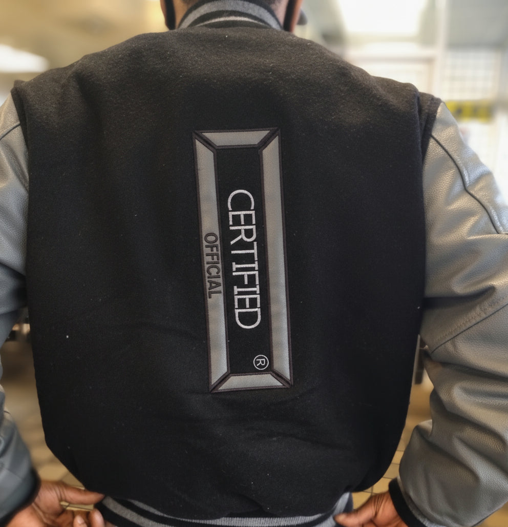CMALE > TEAM CERTIFIED VARSITY JACKET: OFFICIAL MEN/ BOYS GENUINE LEATHER/ WOOL VARSITY JACKET; ORIGINAL DESIGN; APPLIQUE/EMBROIDERY PRINTS.